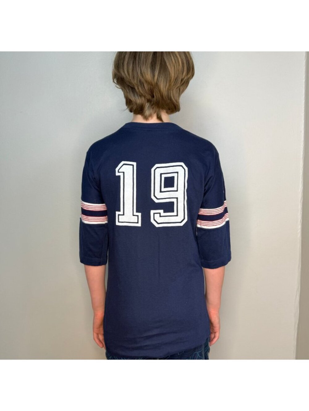 Vintage 1960s/70s Kids Navy Blue Jersey T-Shirt, Number 19, Never Iron by Campu - Picture 6 of 7